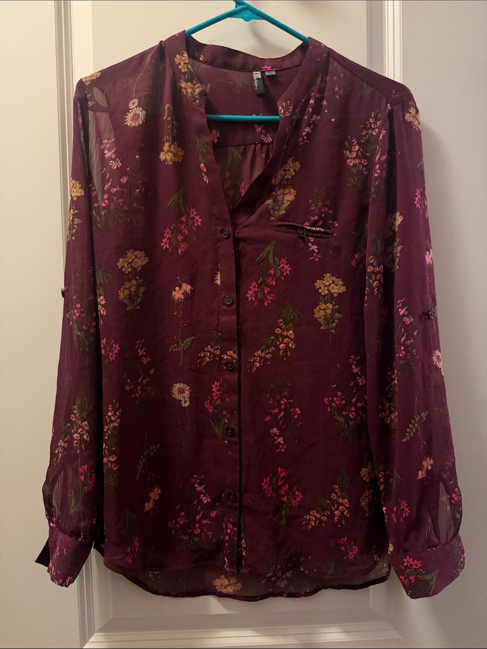 Women’s Floral Button-Front Blouse in Deep Plum